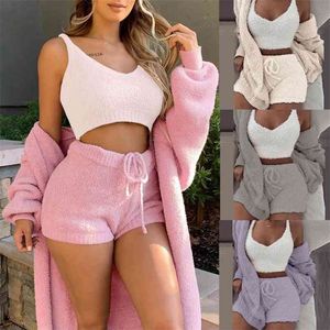 3 sztuk / zestaw Winter Sexy Kobiety Home Wear Suit Casual Piżamy Zestaw Lady Kobieta Miękki Ciepły Z Długim Rękawem Exposed Pępek Kamizelki Spodenki 210809