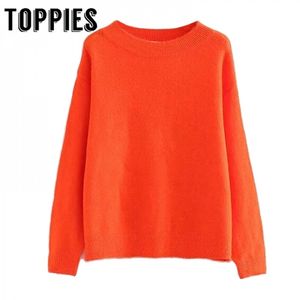 Pomarańczowy sweter kobiety jesień zima okrągły szyi cienka dziewczyna z długim rękawem koszulka dorywczo dzianiny pulowery 210421