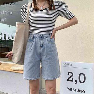 Primavera verão cintura alta retro azul denim shorts streetwear feminino perna larga botão solto ladies jeans 210430