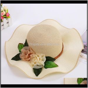 ワイド帽子キャップ帽子、スカーフグローブファッションaesporiesドロップデリバリー2021夏の大きい縁の花バンドリボン花帽子女性織りパナマg