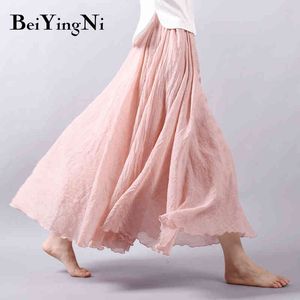 Beiyingni lniana bawełna rocznika spódnica kobiety solidna plaża boho plisowane maxi spódnice lato moda retro elastyczna talia saia faldas