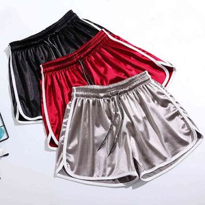 S-XL Plus Size Kobiety Krótki Trening Czerwony Czarny Szary Niebieski Jedwabniczy Satin Seksowna Plaża Nosić Hot Casual Summer Shorts 2020 Y220311