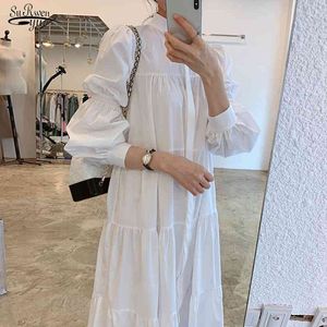 Vestidos Outono Chegada Stand Collar Manga Longa Vestido Branco Mulheres Cor Sólida Uma Linha Vintage Vestidos Estilo Coreano 14390 210521