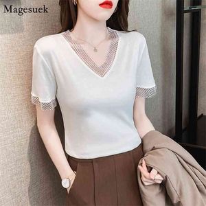 Koreańskie ubrania z krótkim rękawem Kobiety Koszula Białe Letnie dolne Luźne V-Neck Bluzki Topy Moda Hollow Out Mesh Bluzki 13592 210512
