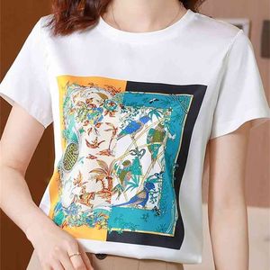 O t-shirt de impressão de cetim de moda tops mulheres manga curta casual o pescoço grande tamanho m-3xl mulher branca tshirts 210507