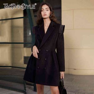 Twotwinstyle винтажное черное платье для женщин, зарезанные с длинным рукавом с длинным рукавом высокая талия Tweed платья женская мода одежда падение 210517