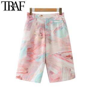 Traf Women Chic Modna Graffiti Print Pockets Boke spodenki Vintage High talia Fly Fly Krótkie spodnie Mujer 210415