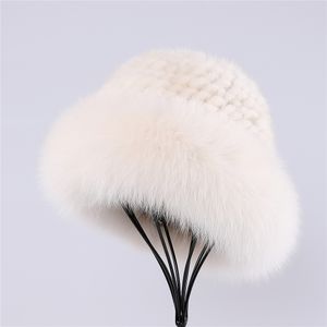 Inverno Feminino Quente 100% Mink Pele De Malha Bucket Chapéu De Chapéu De Pele De Raposa Top Beanies Chapéus