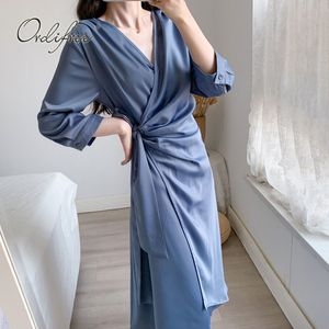 Summer Elegant Women Satin Long Sleeve Draped Belted Sexy Silk Tunic Party Dress Plus Size 4XL 210415