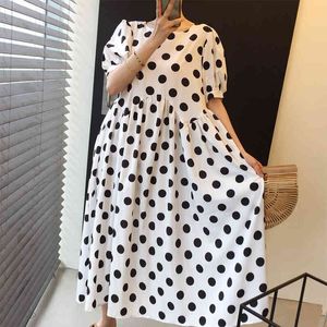 Elegante Hohe Taille Sommer Zurück Hohl Dot Vintage Shorts Hülse Oversize Lose O Neck Weiß Empire Frauen Kleid 761B 210420