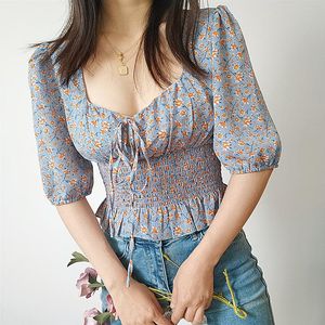 Blusa feminina de manga curta com amarração frontal e cintura franzida em blusas florais ditsy blusas femininas da moda