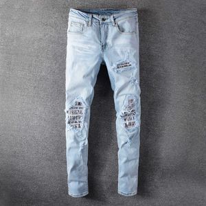 Mode Streetwear Men Jeans Retro Ljusblå Elastisk Slim Fit Ripped Denim Punk Pants Patchwork Designer Hip Hop Long Byxor