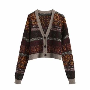 Vintage Women Geometric Jacquard Sweaters Fashion Ladies Brown Knitted Coats Streetwear Female Chic V-Neck Button 210427