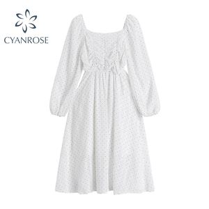 Dot Print Vintage Dress High Waist Slim Wrinkled Design Square Collar Korean Elegant Classic Dresses Long Sleeve Vestidos Mujer 210515