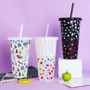 Kreativ kärlek Färgbyte Cup 710ml PP Dryck Kall Blå Plast Vattenkopp Enkel Färg Byte Straw Cup Kök T2i53001