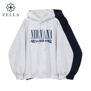 List z drukiem szary pullover kobiety z kapturem bluzy z długim rękawem luźne ograniczone streetwearne odzież zwyczajowa jesienna zimowa jumper płaszcz 210909