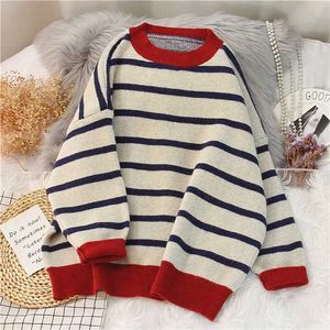 Ebaihui Striped Sweater Kvinnor Casual Loose Pullover O-nacke All-Match Stickad Top Jumper Fall Långärmad Chic Knit Tröjor 211103