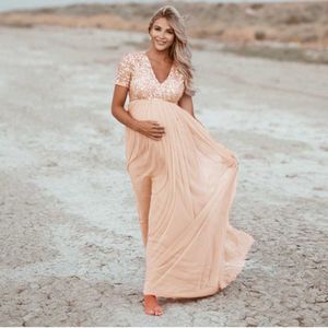 여성 임신 임산부 사진 소품 짧은 소매 스팽글 스팽글 솔리드 드레스 모성 드레스 사진 촬영