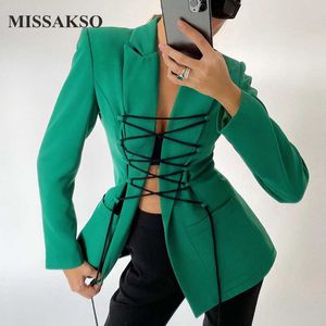 ミサクソ女性クロス包帯コート付きポケット付きファッションソリッドオフィスレディストリートウェアエレガントな秋のジャケットコート女性210625