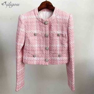 Rosa Plaid gewebte Wolle Damen Jacke Mantel Sommer angepasst Stoff Diamant Knopf kurze Frauen hohe Qualität 210525