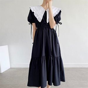 夏のエレガントなドレスの女性半袖ピーターパンカラーチュニックロングES韓国のシックなオフィスローブFemme 210519