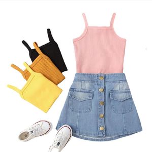 Multicolor Denim Spódnica Zestaw jednolitych Kolor Halter Top Summer Girl Sukienki Dziewczynek Ubrania Odzież Niemowlę Stroje Nosić Zyy907