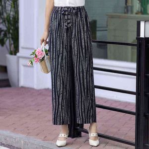Summer Wide Leg Pants Women Vintage Korean Casual Print Bohemian Ankle-Length High Waist Trousers with Sashes 211124