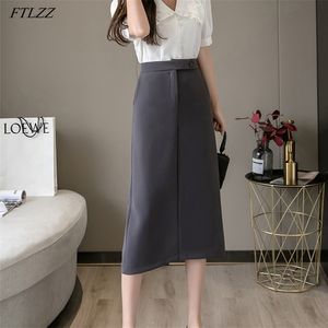 Women Single Button High Waist Medium Skirts Casual Female Solid Midi Pencil Spring Summer OL Ladies Skirt 210430