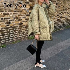 BerryGo inverno verde parka parka mulheres casuais mangas compridas colarinho casaco grosso feminino bolso aquecido casaco quente tops 211013