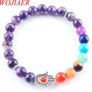 WOJIAER 8 mm natürlicher Amethyst-Stein, runde Perlen, Palmenstränge, Armbänder, 7 Chakra-Heilung, Mala, Meditation, Gebet, Yoga, Damenschmuck, K3251