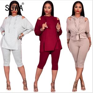 Solid färg Casual Home Wear Tracksuit Matchande Kvinnor Outfits Långärmad Lös Klassisk T-shirt Top Skinny Knee Length Pants 210525