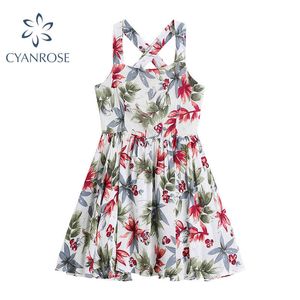 Floral Print Halter Crop Dress Women Sleeveless Beach Party High Waist Slim Fluffy Dresses Holiday Retro Elegant Vestidos Mujer 210417