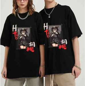 Genshin Impact Hu Tao T Shirt Erkek Kadın Karikatür Tops T-shirt Oyunu Baskı Streetwear Unisex Çift Tees 100% Pamuk Kadın G220310 Tops