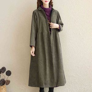 Johnature Women Casual Corduroy Trench Solid Color Coats Button Winter Thick Warm Women Turn-down Collar Trench Coat 210521