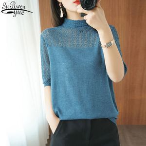 Mulheres de verão de malha manga curta fina camisola feminino oco out lace turtleneck pulôver senhoras malha malha algodão roxo jumper 13774 210417