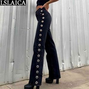 Jeans Casual Solid Color Pocket Women's Fashion Personality Street Metal Buckle Hollow High-waisted Straight Denim Trousers 210515