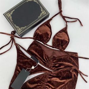 Klassisches 3-teiliges Samt-Bikini-Set, Bademode, modischer Badeanzug mit Buchstabendruck, Urlaub, Sonnencreme, sexy Strandmode für Mädchen