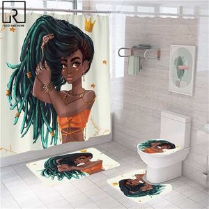 アメリカン女性3Dシャワーカーテン防水ブラックガールバスルームパーティション柔らかいバスマットセットWCの入浴カーペットトイレットリッドカバー211116