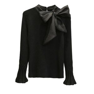 Flare Sleeve Elegant Sweater Big Bow Collar Women Korean Style Knitted Ladies Pullovers Tees One Size Belt Tops