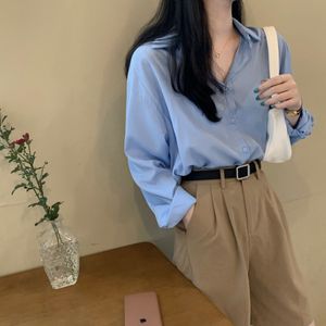 Elegante Camisa Básica Camisa Mulheres Blusas Verão Solta Sólida Senhora Senhora Sunscreen Manga Longa Camisas Tops Femme 210421