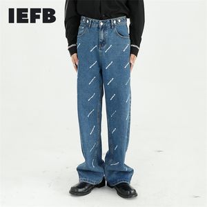 IEFB erkek giyim mektubu baskılı Kore streetwear moda düz ayarlanabilir bel mavi kot casual denim pantolon