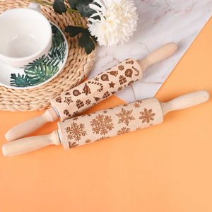 Noel Rolling Pin Ahşap Noel Oyulmuş Oyma Kabartma Oklava Hamur Sopa Pişirme Mutfak Pasta Aracı 211008