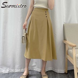 Surmiitro الربيع الصيف ميدي تنورة طويلة المرأة الكورية نمط مكتب صفراء سيدة منتصف طول عالية الخصر مطوي تنورة الإناث 210712