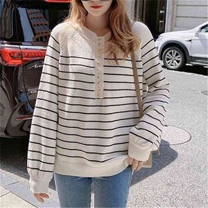 Maglione lavorato a maglia a righe O-Collo Top Donna Manica intera monopetto Pullover allentati Casual Fashion Vintage Basic Jumpers 210513