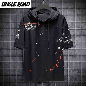 Single Road Mens Bluzy Mężczyźni Letnie Czarne Graffiti Krótkie Rękawy Bluza Hip Harajuku Japońska Streetwear Hoodie Men 210728