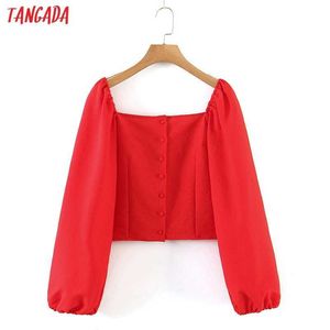 Тангада женщины ретро красная культура рубашка с длинным рукавом кнопки шикарные женские короткие блузки рубашки 8H86 210609