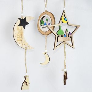 Decoração de festa 1pc Wood Star Crescent Shape Pingente Ramandan Mubarak Porta ao ar livre pendurar decorações de madeira eid para casa