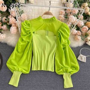 Ins Design Pleated Stand Collar Women Blouse Sexy Hollow Out Femme Blusas All-match Slim Fit Puff Sleeve Shirts 1H339 210422