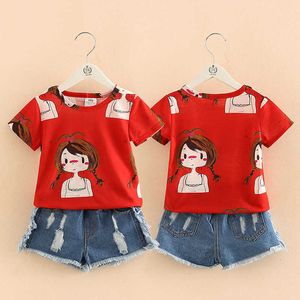 Meninas Conjunto de roupas O-Neck Sem Mangas Verão 2-10 Anos Crianças Menina Red Cartoon T Camiseta + Denim Jeans Shorts 2 Pcs Terno 210529