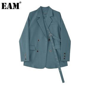 [EAM] Kadınlar Mavi Düğme Şerit Büyük Boy Blazer Yaka Uzun Kollu Gevşek Fit Ceket Moda İlkbahar Sonbahar 1Z705 211122